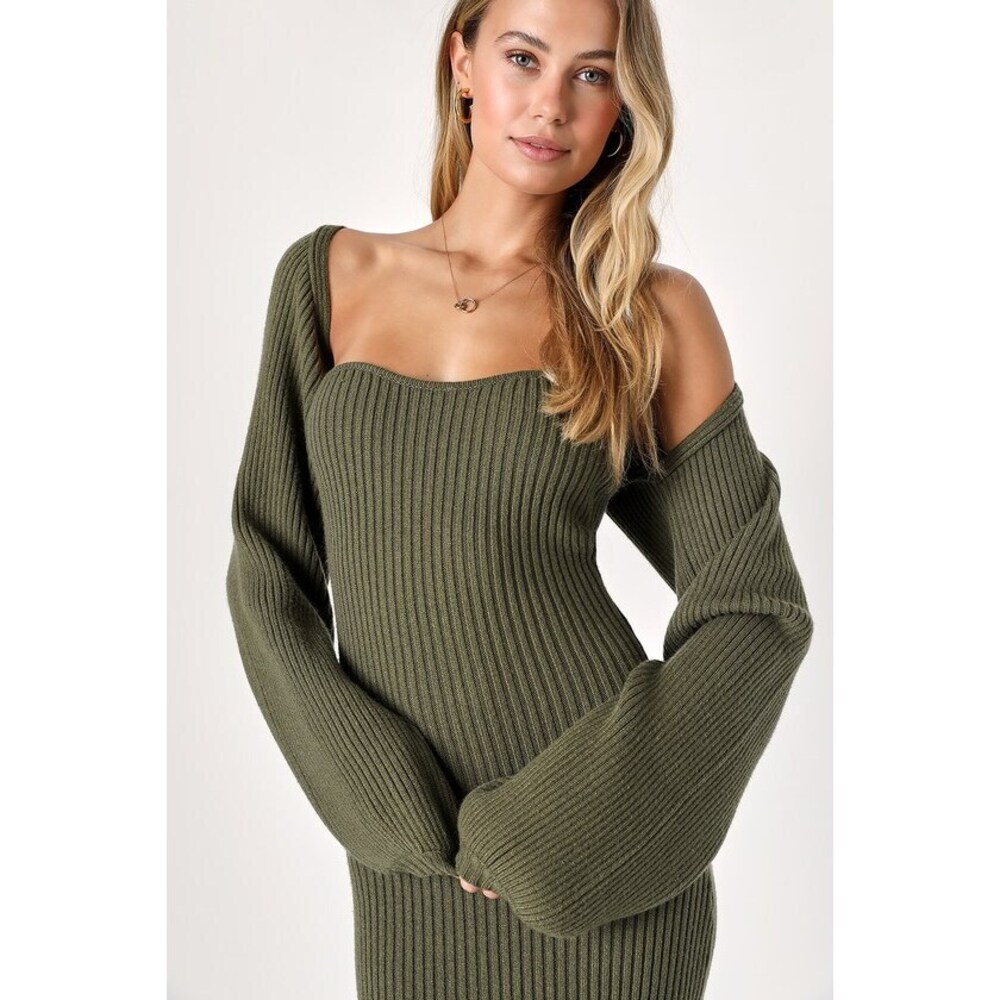 NwT- Lulus Autumn Aura Olive Green Ribbed Two-piece Sweater Dress - Size L